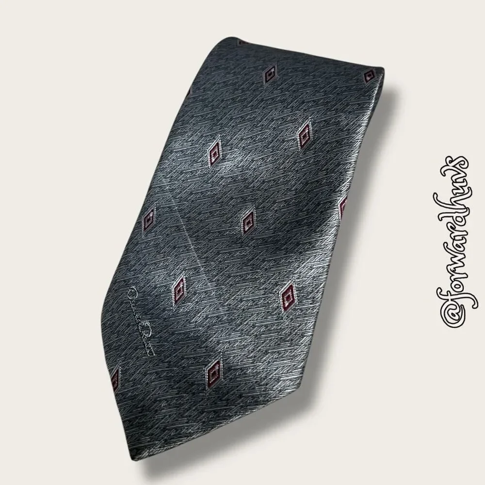 Oscar de la Renta Vintage Shiny Silver Necktie with Red Highlights